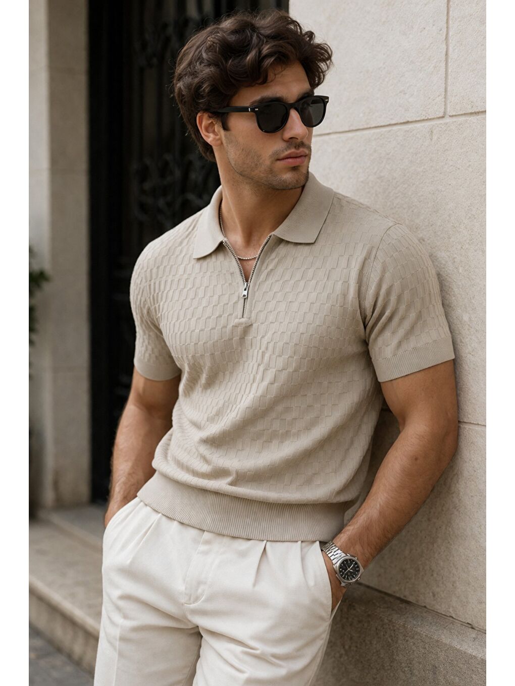 Bej Erkek Fermuarlı Polo Yaka Triko Tişört Slim Fit Dokulu Yazlık Casual