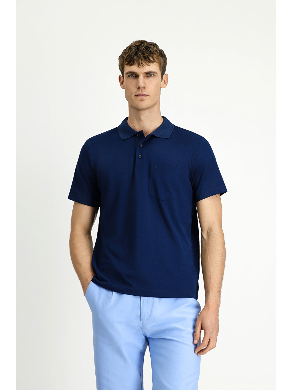 Lacivert Regular Fit Pamuklu Nakışlı Cepli Polo Yaka Tişört