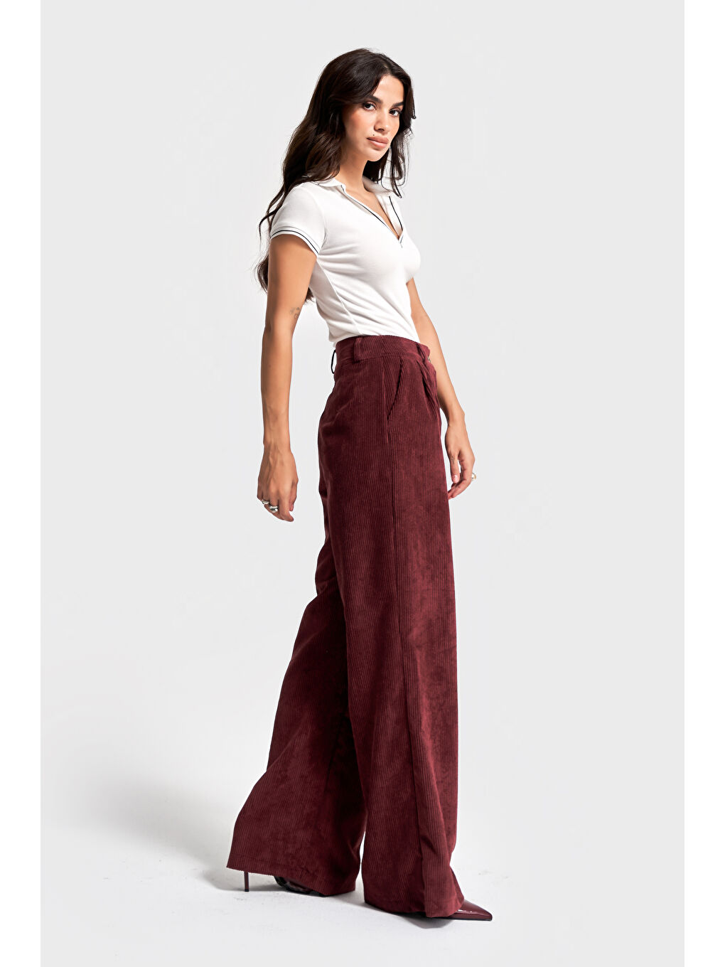 Kadın Bordo Renk w5-35 Süper Palazzo Fit Pileli Kalın Fitilli Velvet Kadife Kumaş Pantolon-1