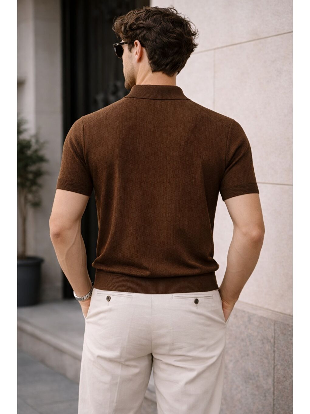 Kahverengi Erkek Fermuarlı Polo Yaka Triko Tişört Slim Fit Dokulu Yazlık Casual-2