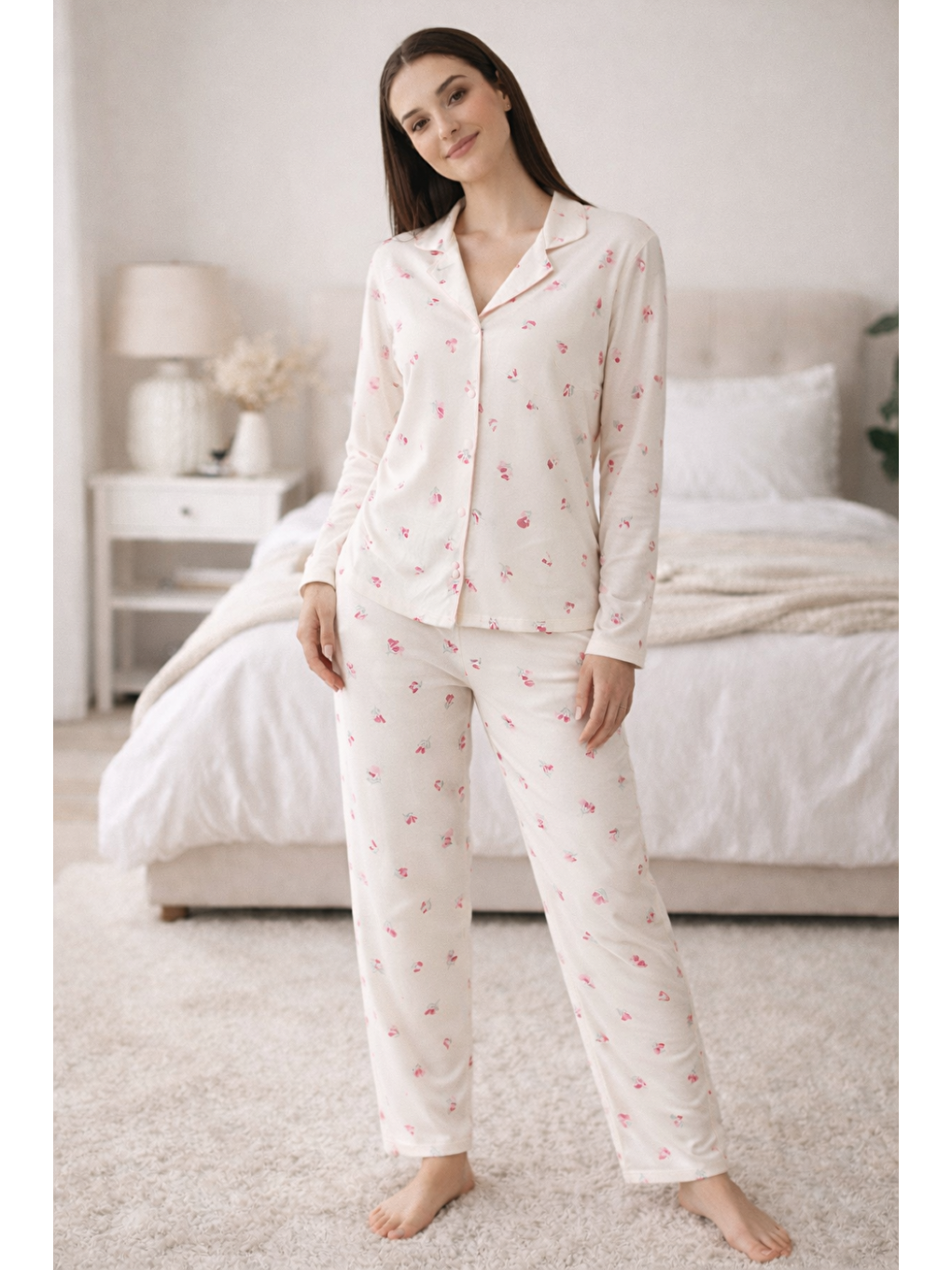 Ekru Kadın Desenli Gömlek Yaka Waffle Kumaş Yüksek Kalite Düğmeli Uzun Kollu Pijama Takımı-2