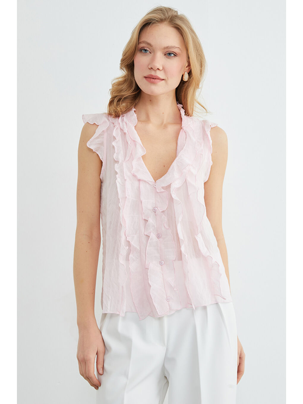 Pembe Çizgili Fırfırlı Jakarlı Bluz-1