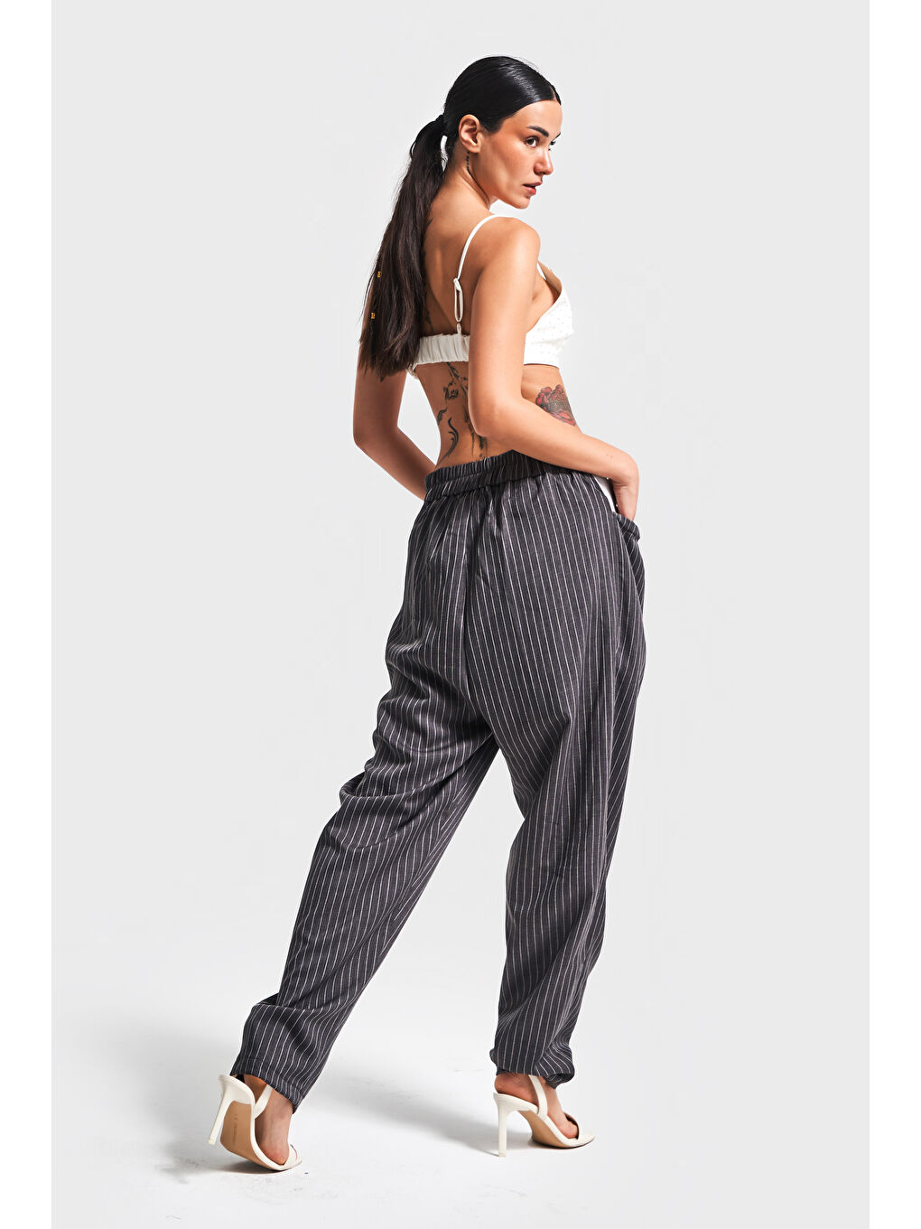 Kadın Antrasit Çizgili Renk Cep Detaylı Tasarım Binici Pantolon-3
