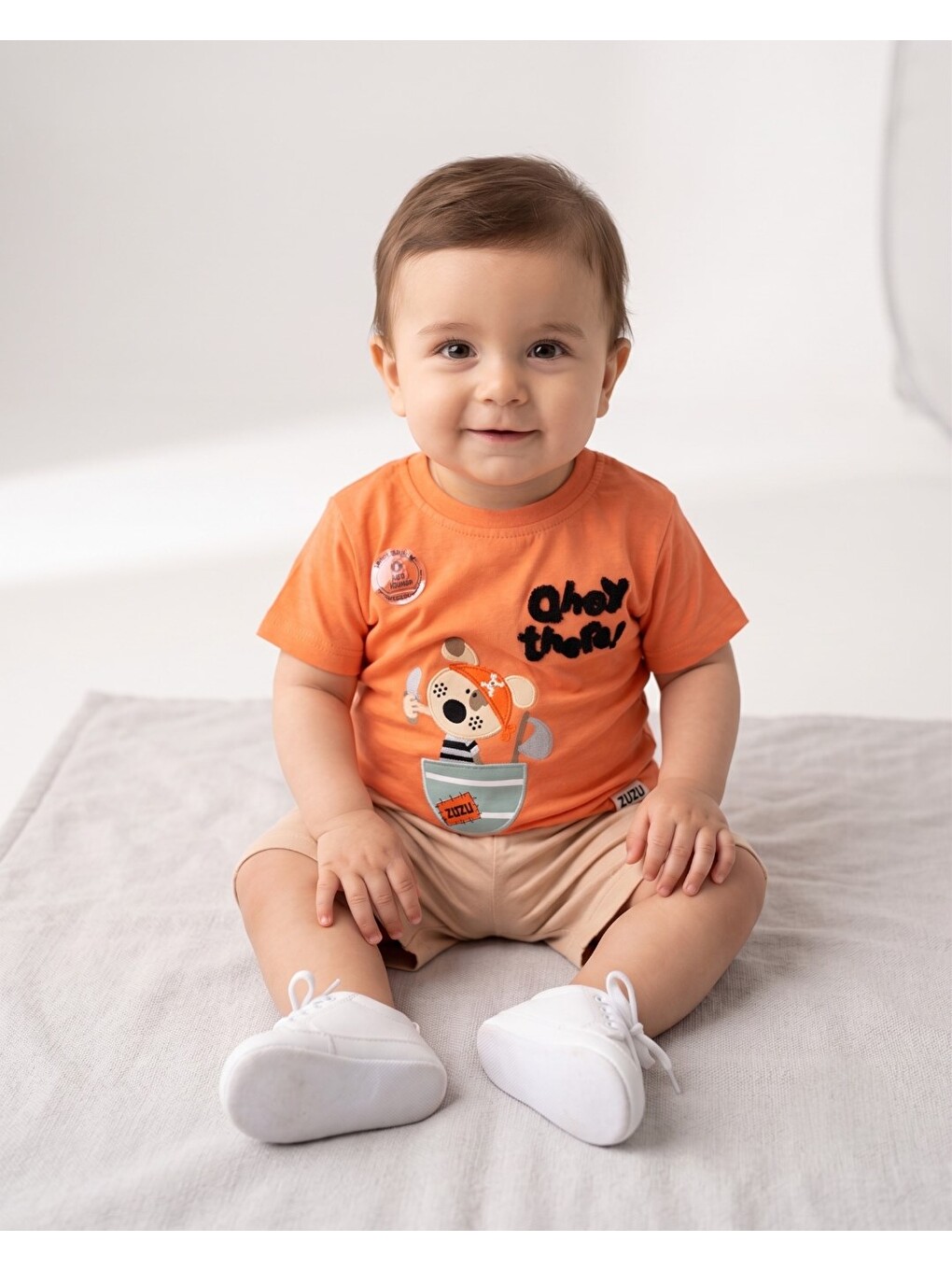 Turuncu Erkek Bebek Yazlık Nakışlı Şort T-shirt 2'li Takım-1