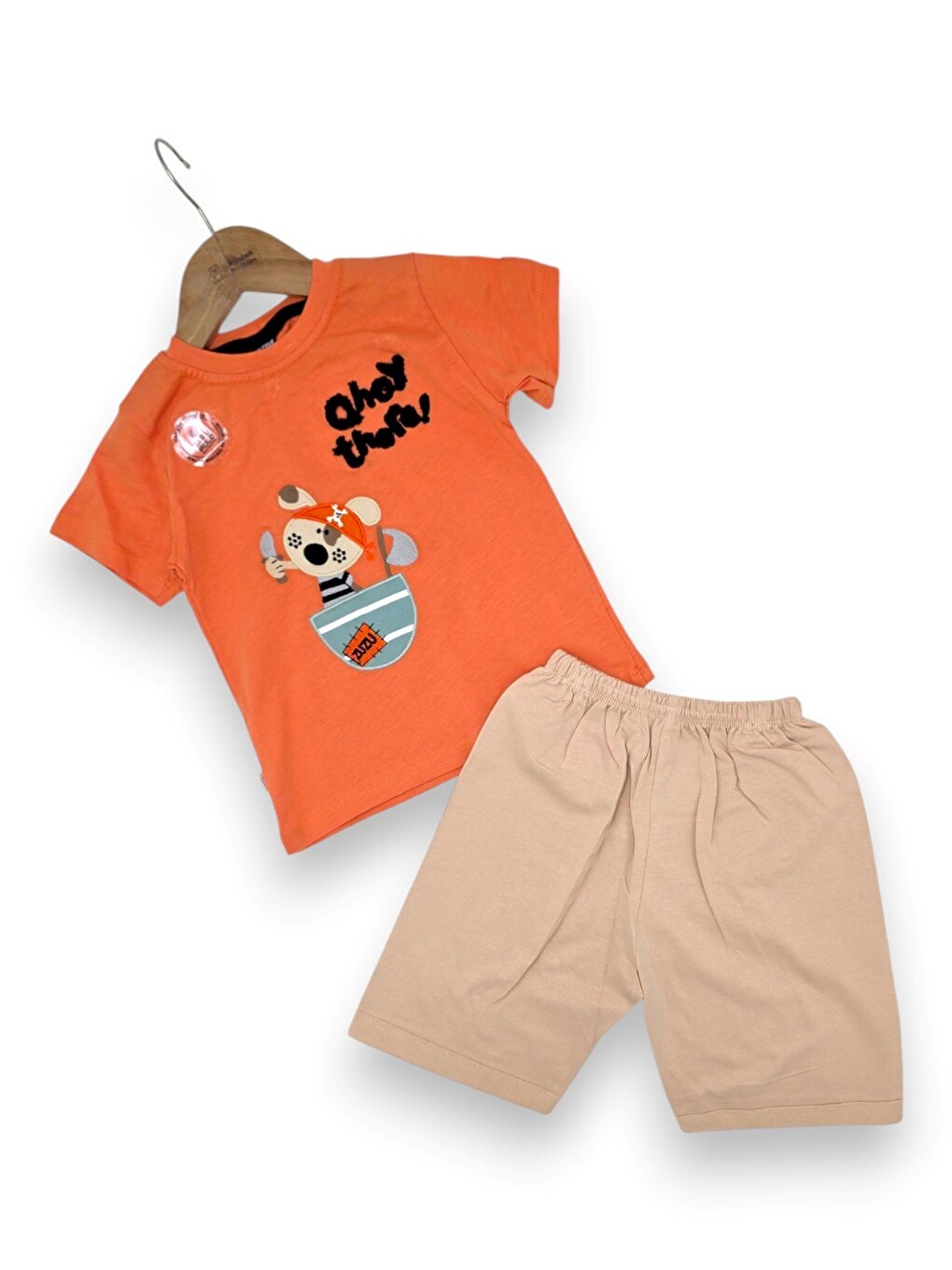 Turuncu Erkek Bebek Yazlık Nakışlı Şort T-shirt 2'li Takım-2