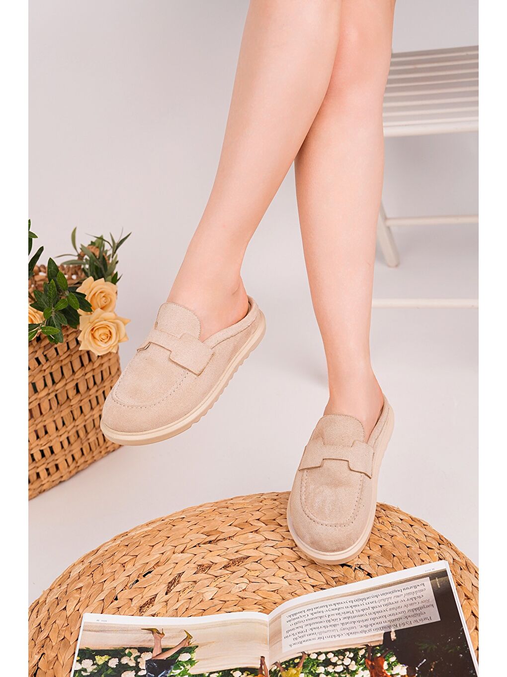 Bej VİNTAGE Süet Deri Günlük Rahat Önü Kapalı Kadın Loafer Terlik-4