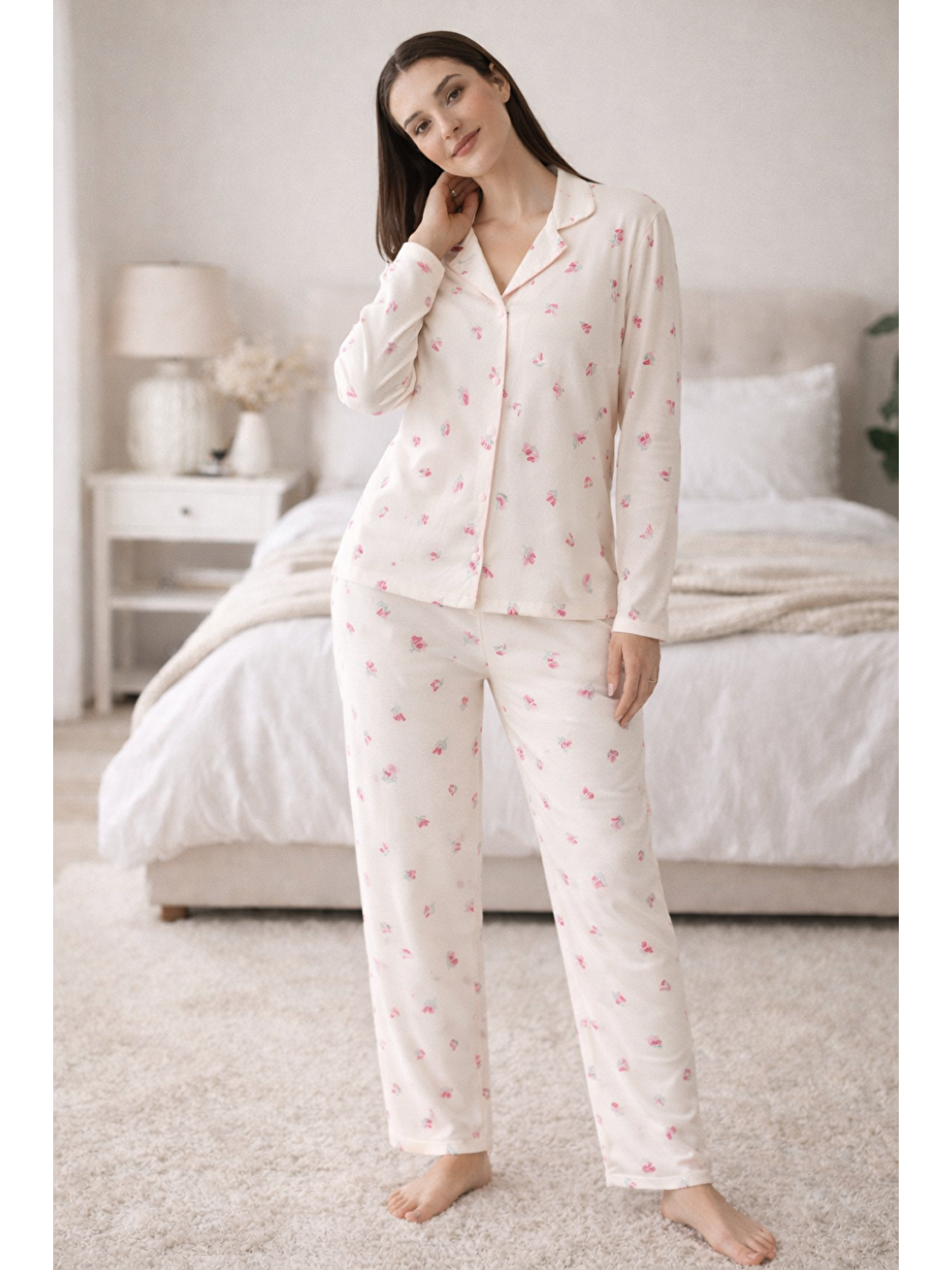 Ekru Kadın Desenli Gömlek Yaka Waffle Kumaş Yüksek Kalite Düğmeli Uzun Kollu Pijama Takımı-3