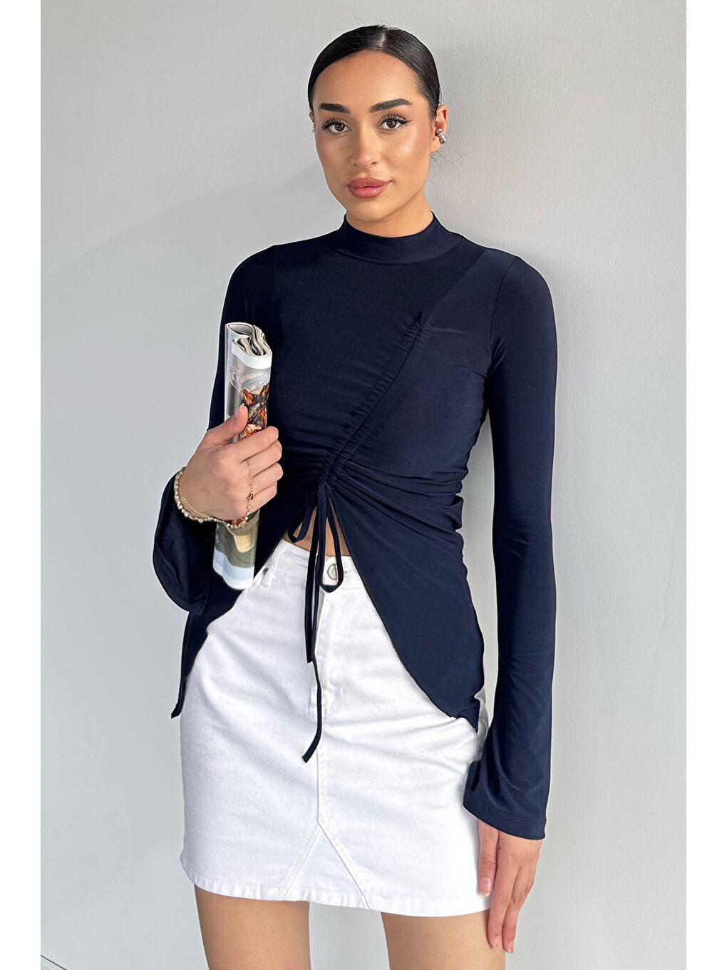 Lacivert Asimetrik Kesim Ön Büzgülü Kadın Bluz