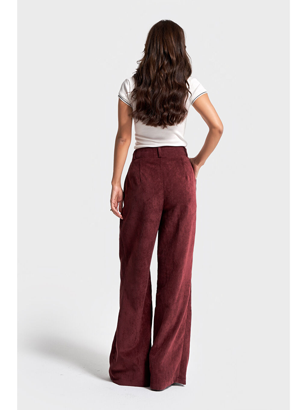 Kadın Bordo Renk w5-35 Süper Palazzo Fit Pileli Kalın Fitilli Velvet Kadife Kumaş Pantolon-4