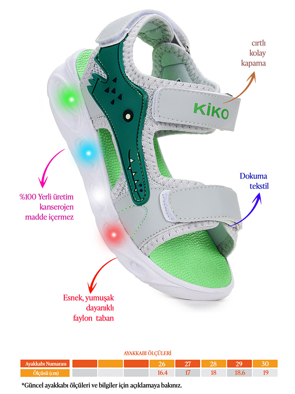 Gri Arnı Günlük Işıklı Cırtlı Erkek Çocuk Sandalet Ayakkabı-1