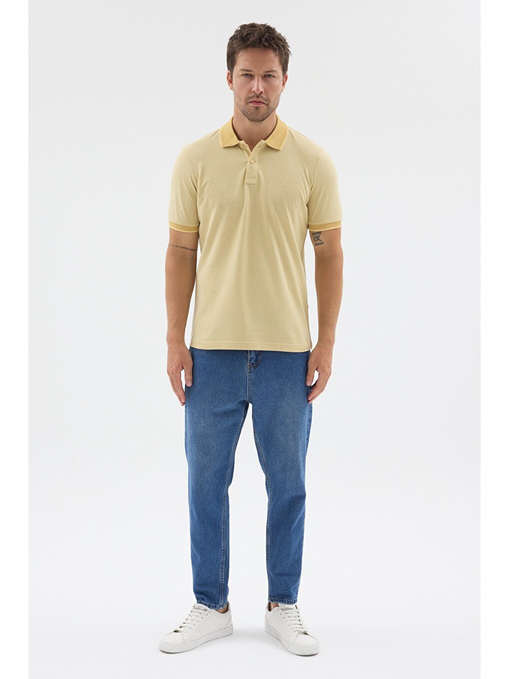 Sarı Polo Yaka Pike Kısa Kol Slim Fit %100 Pamuk Tişört 1011260171-1