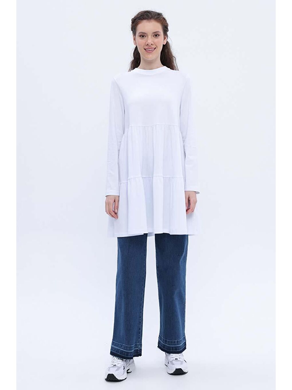 Beyaz-Pamuklu Robadan Büzgülü Tunik-1