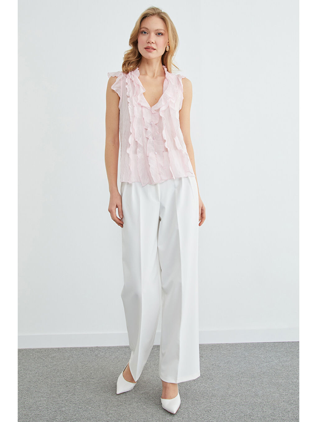 Pembe Çizgili Fırfırlı Jakarlı Bluz-2