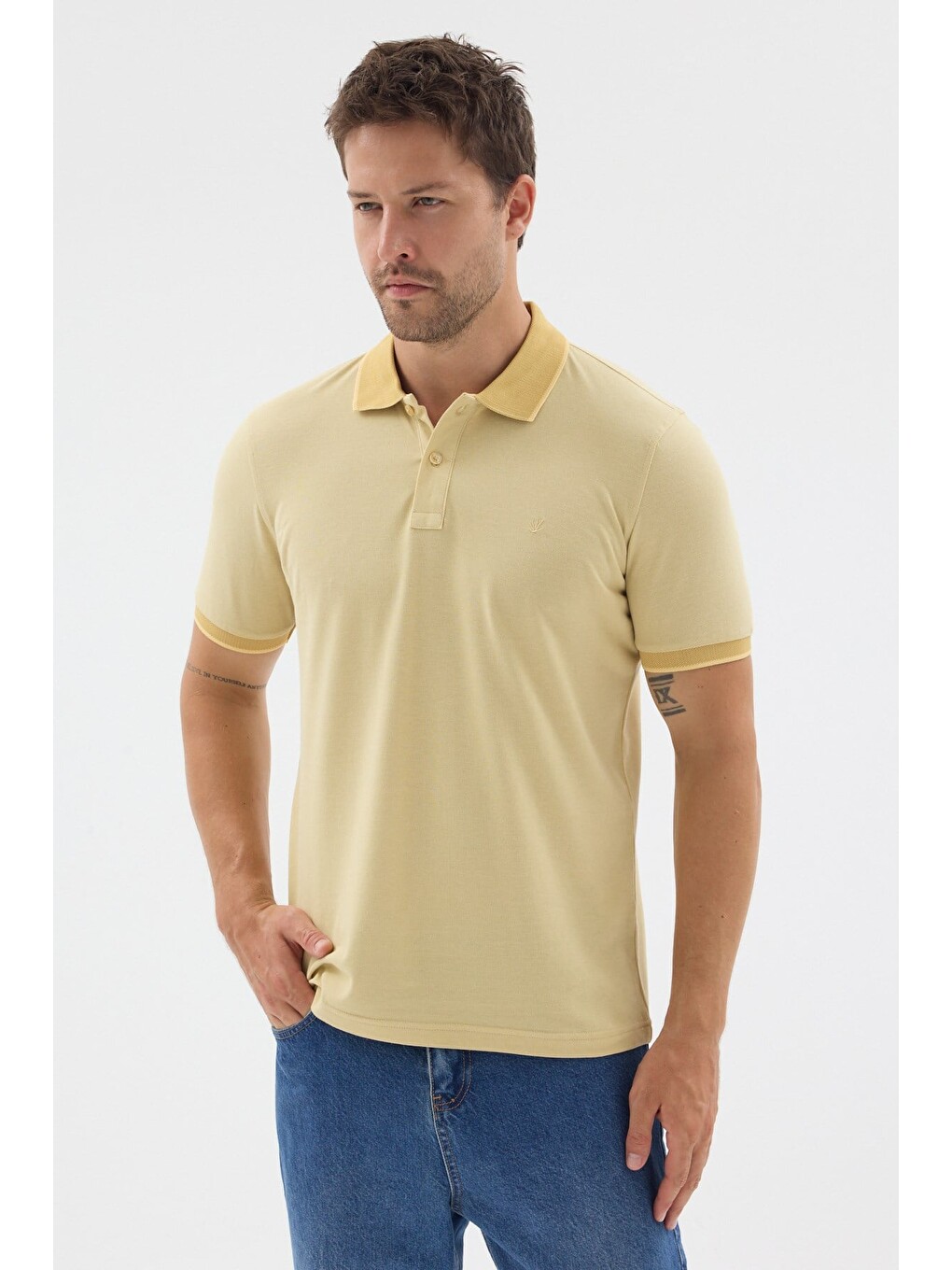 Sarı Polo Yaka Pike Kısa Kol Slim Fit %100 Pamuk Tişört 1011260171-2