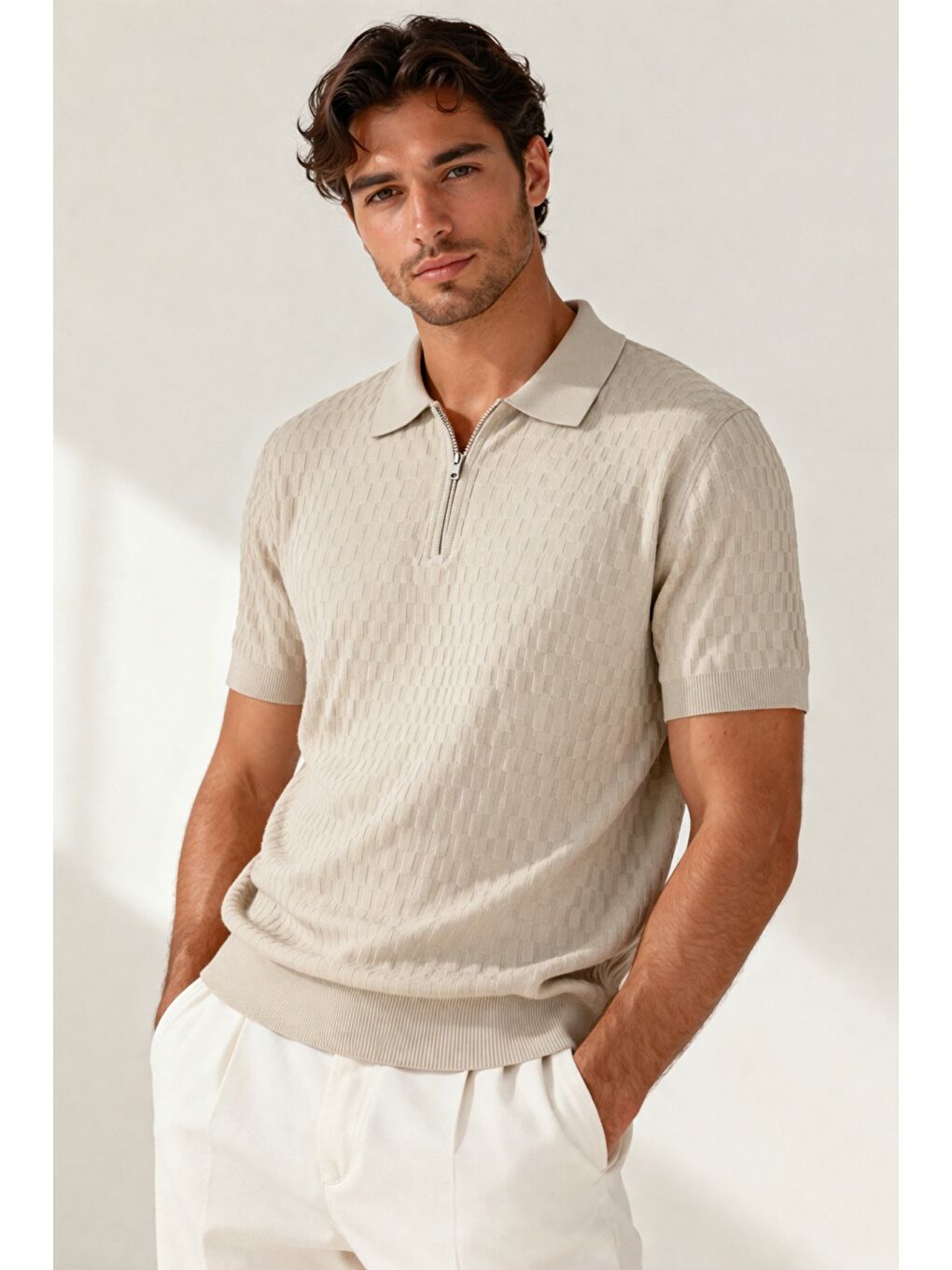 Bej Erkek Fermuarlı Polo Yaka Triko Tişört Slim Fit Dokulu Yazlık Casual-1