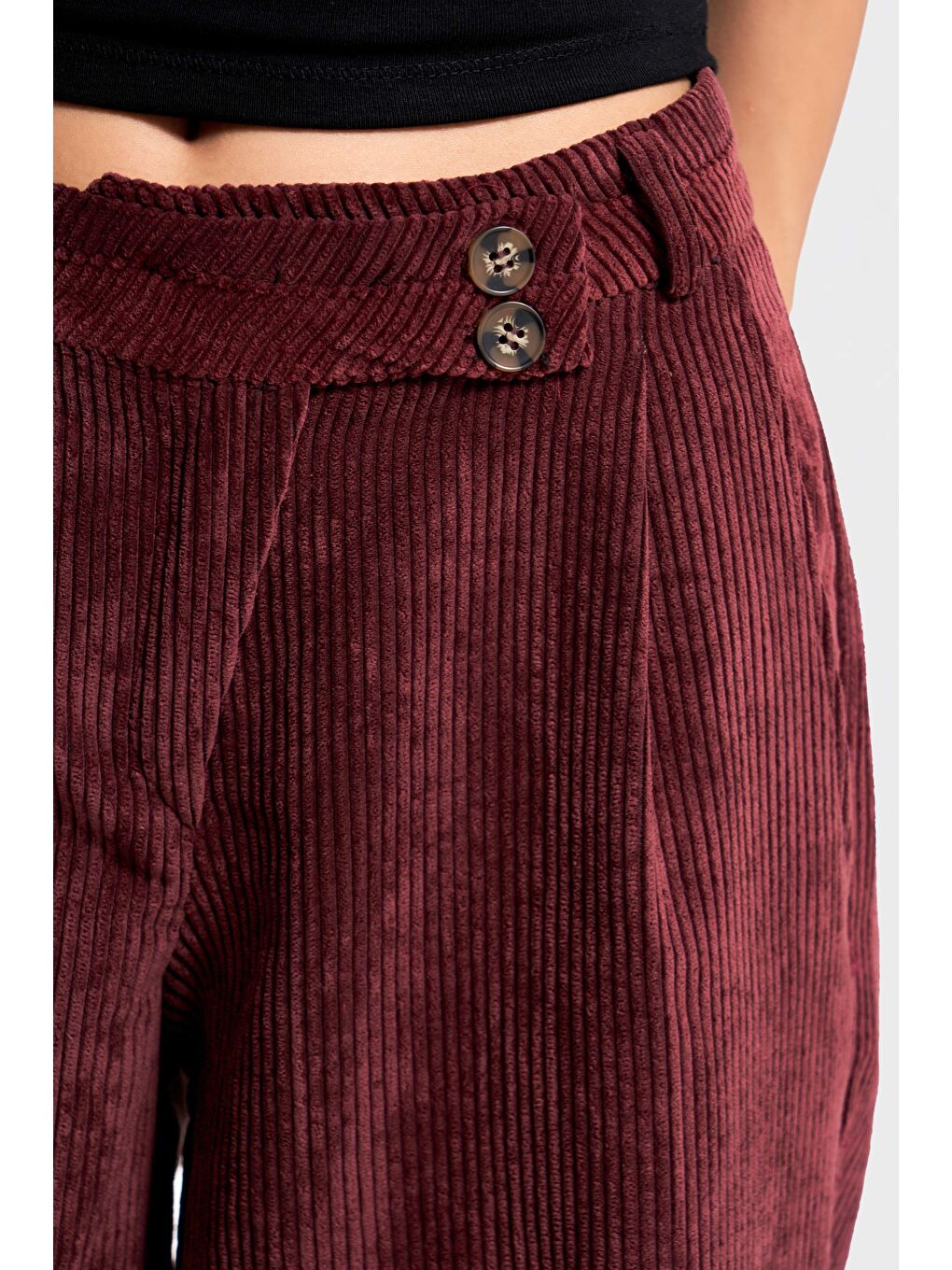 Kadın Bordo Renk w5-35 Palazzo Fit Kemer Detaylı Kalın Fitilli Velvet Kadife Kumaş Pantolon-2