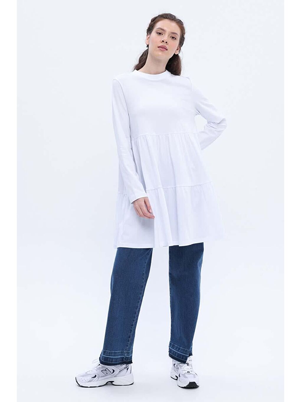 Beyaz-Pamuklu Robadan Büzgülü Tunik-4