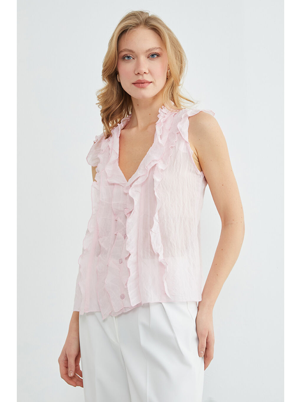 Pembe Çizgili Fırfırlı Jakarlı Bluz-3