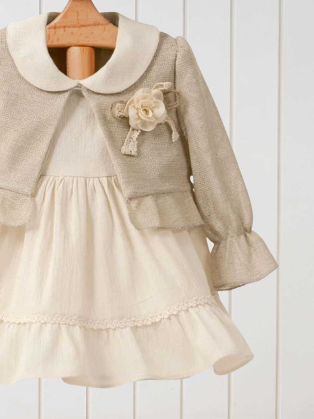 Bej Bebe Yaka Dantel Detaylı Kız Bebek Elbise ve Bolero 2'li Takım-1