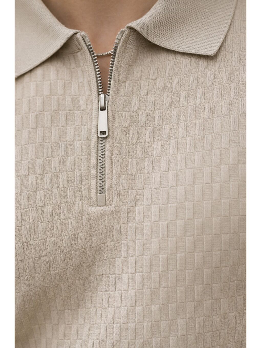 Bej Erkek Fermuarlı Polo Yaka Triko Tişört Slim Fit Dokulu Yazlık Casual-2