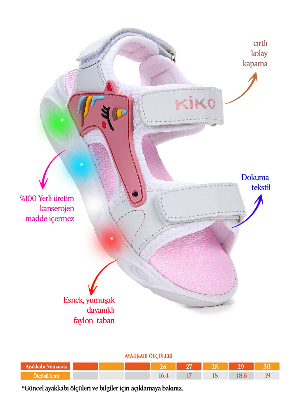 Beyaz Günlük Işıklı Cırtlı Kız Çocuk Sandalet Ayakkabı-1