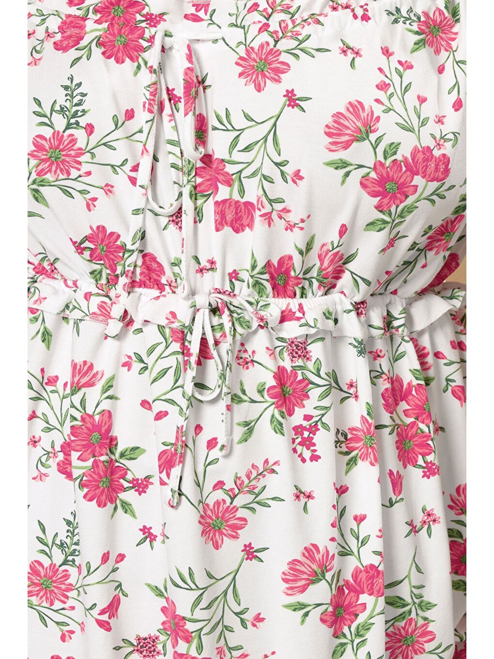 Beyaz Büyük Beden Kare Yaka Askılı İp Detaylı Çiçek Desenli T-shirt 322694-4