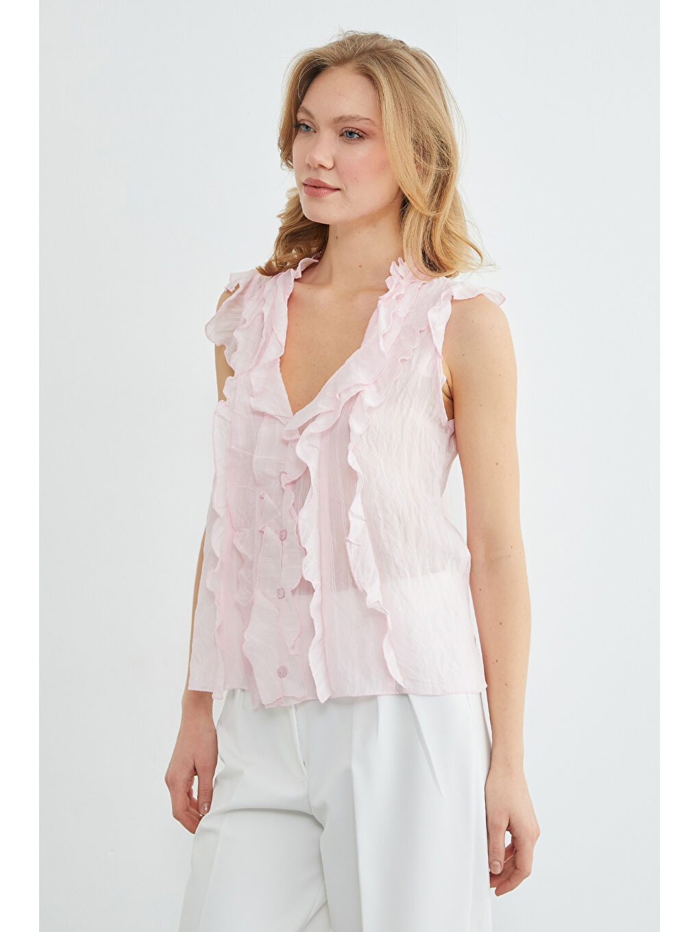 Pembe Çizgili Fırfırlı Jakarlı Bluz-4