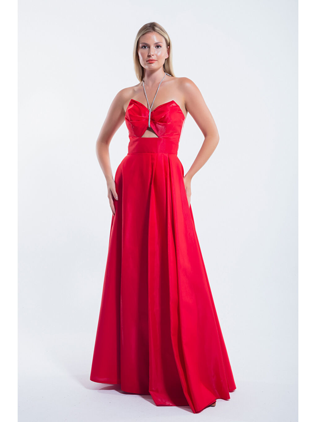 Kadın Kırmızı Taş Askılı Uzun Abiye Elbise-1