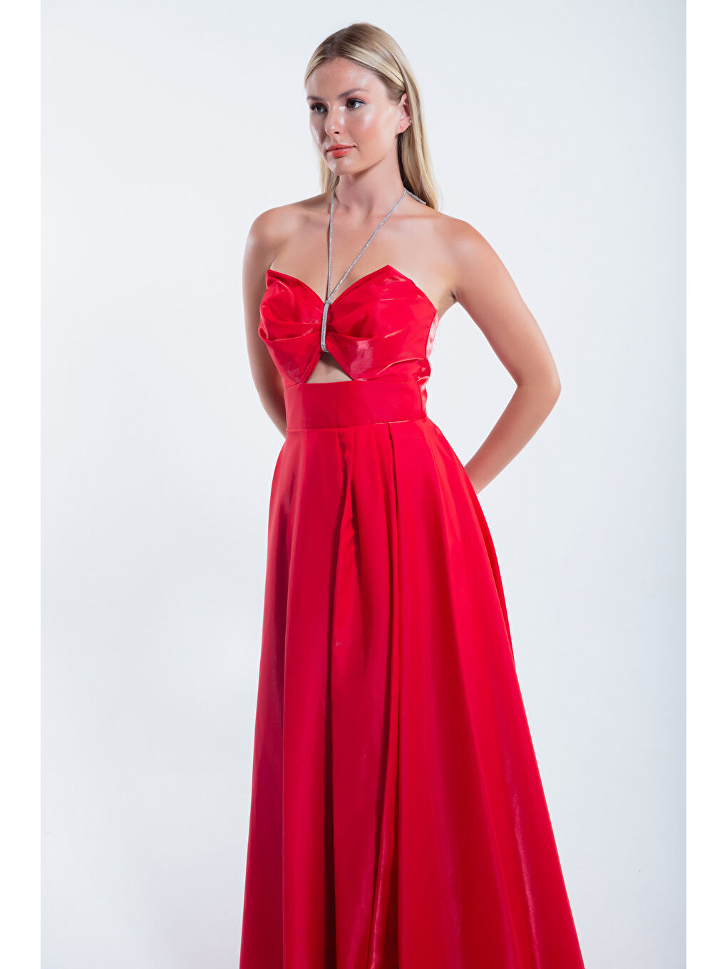 Kadın Kırmızı Taş Askılı Uzun Abiye Elbise-2