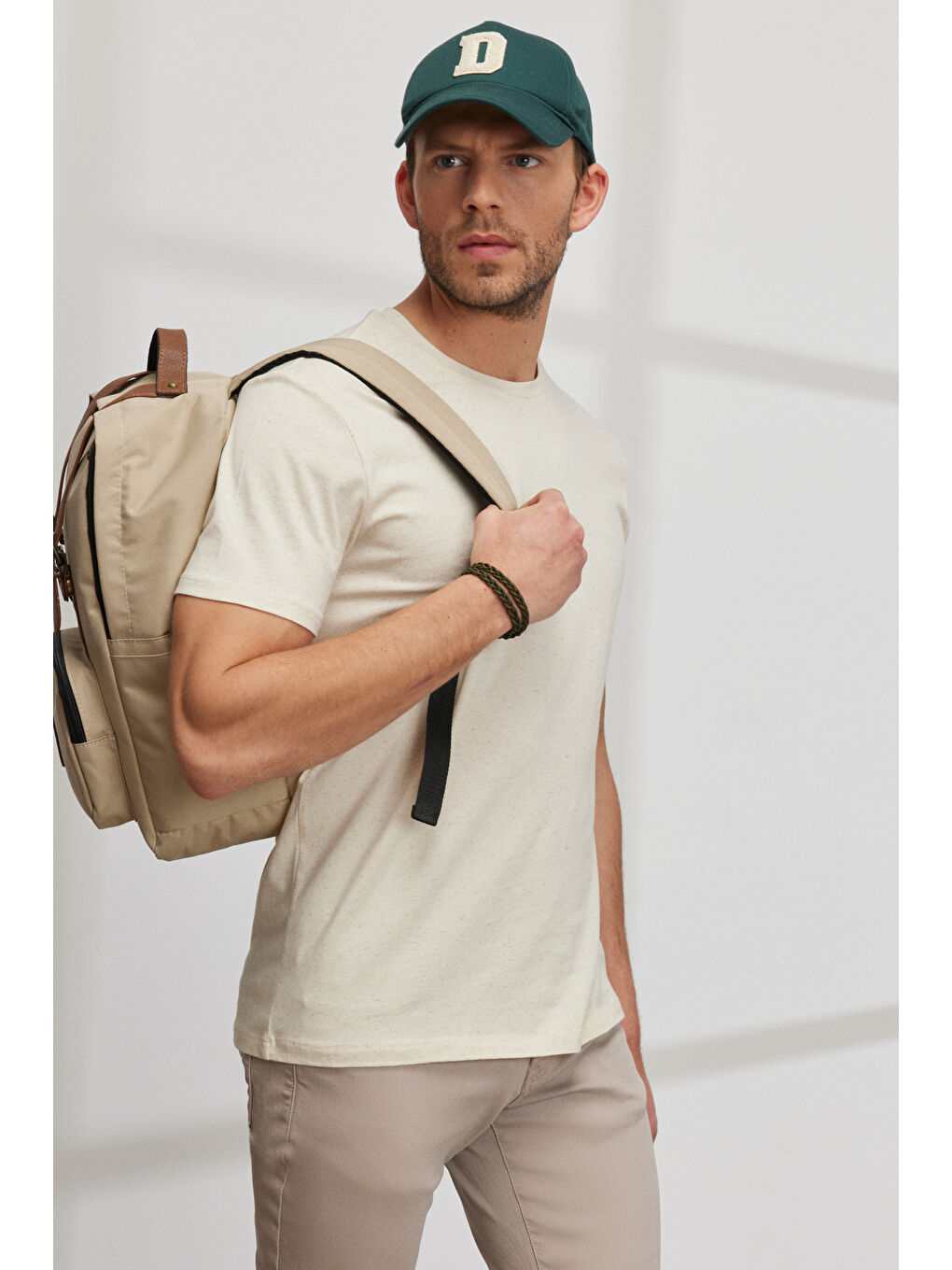 Erkek Bej Melanj Slim Fit Dar Kesim Bisiklet Yaka Pamuklu Kısa Kollu Tişört-5