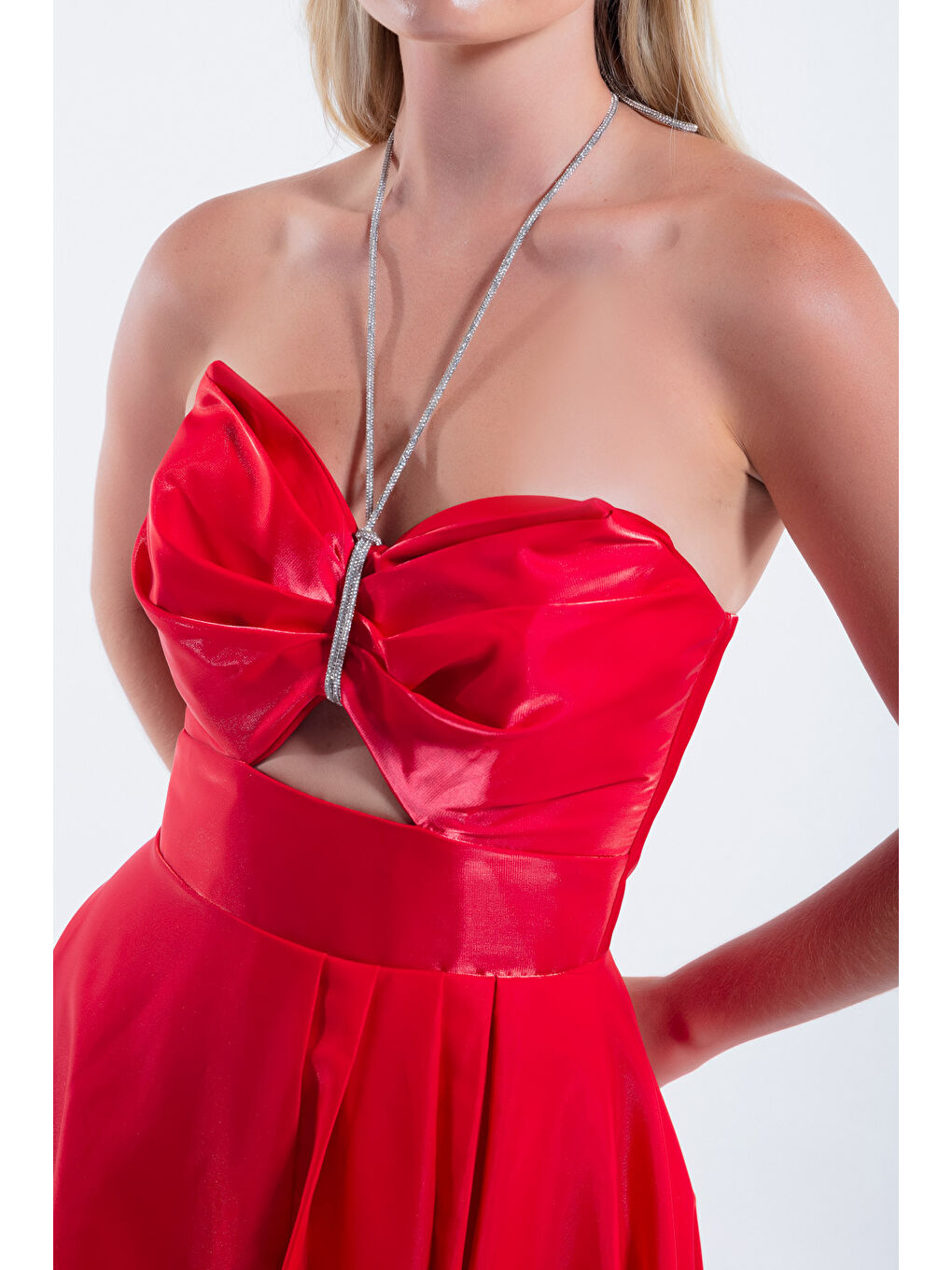 Kadın Kırmızı Taş Askılı Uzun Abiye Elbise-3