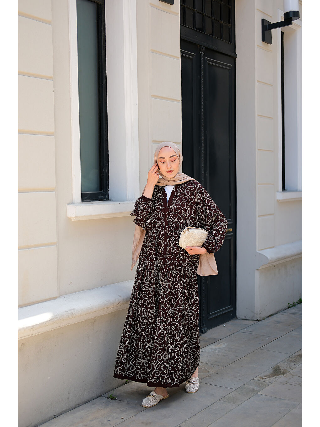 Kadın Gold Çicek Nakışlı Elbise Kahverengi-1