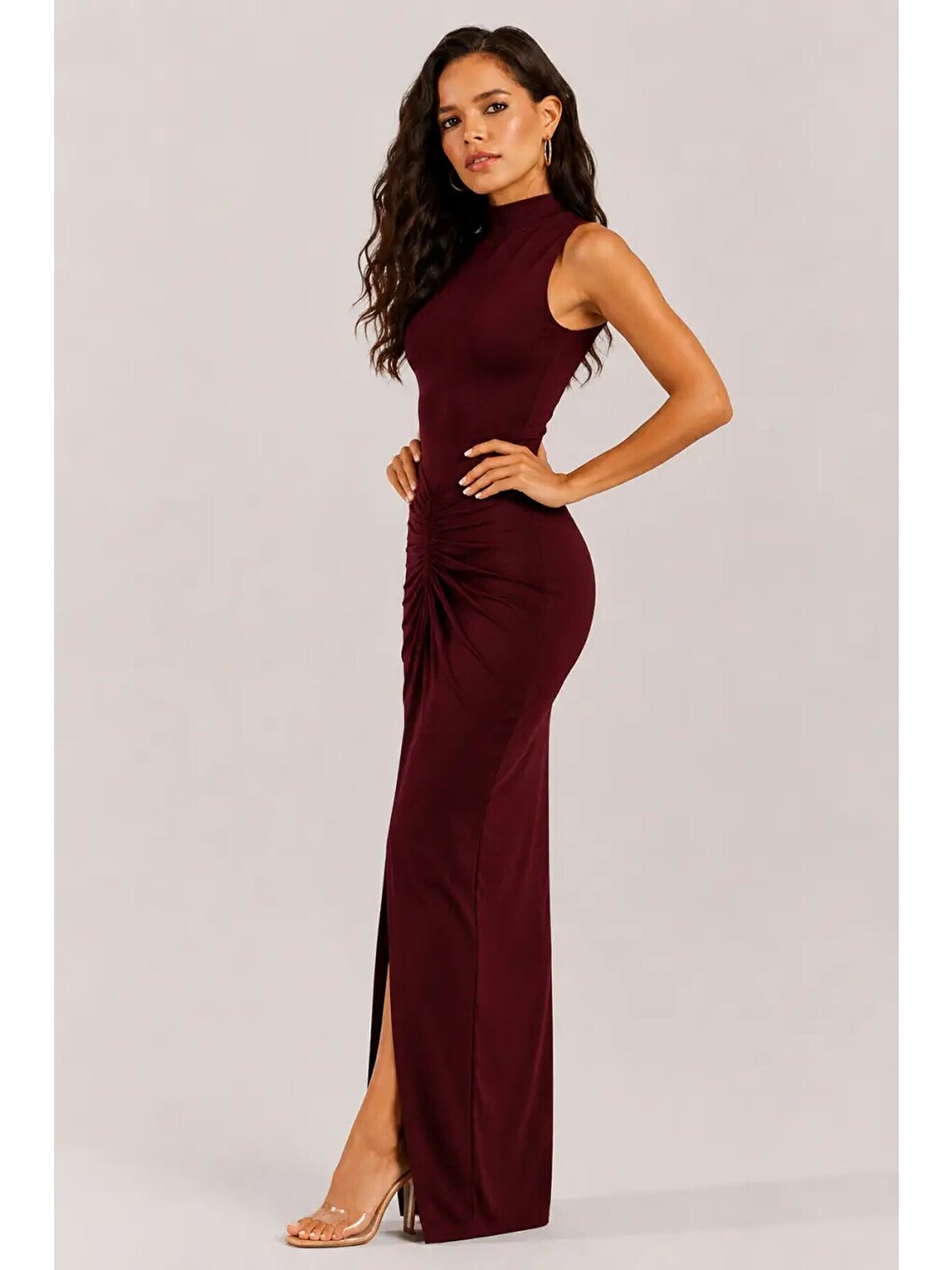 Bordo Premium Drapeli Maxi Abiye Elbise-1