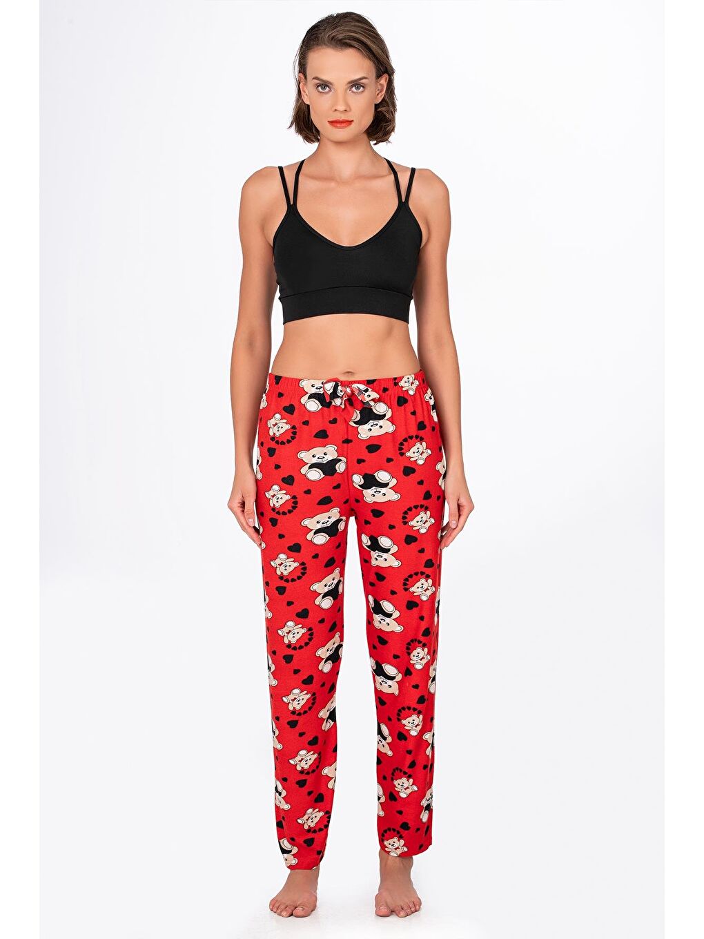 Kırmızı Kadın Süet Kalpli Ayıcık Desenli Pijama Tek Alt