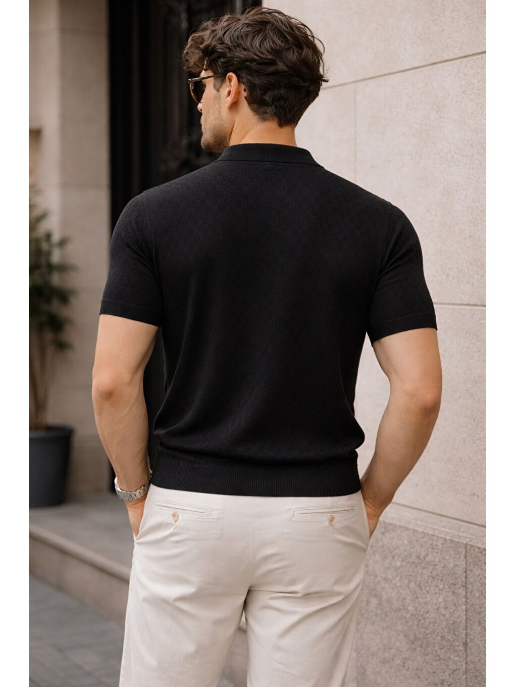 Siyah Erkek Fermuarlı Polo Yaka Triko Tişört Slim Fit Dokulu Yazlık Casual-2