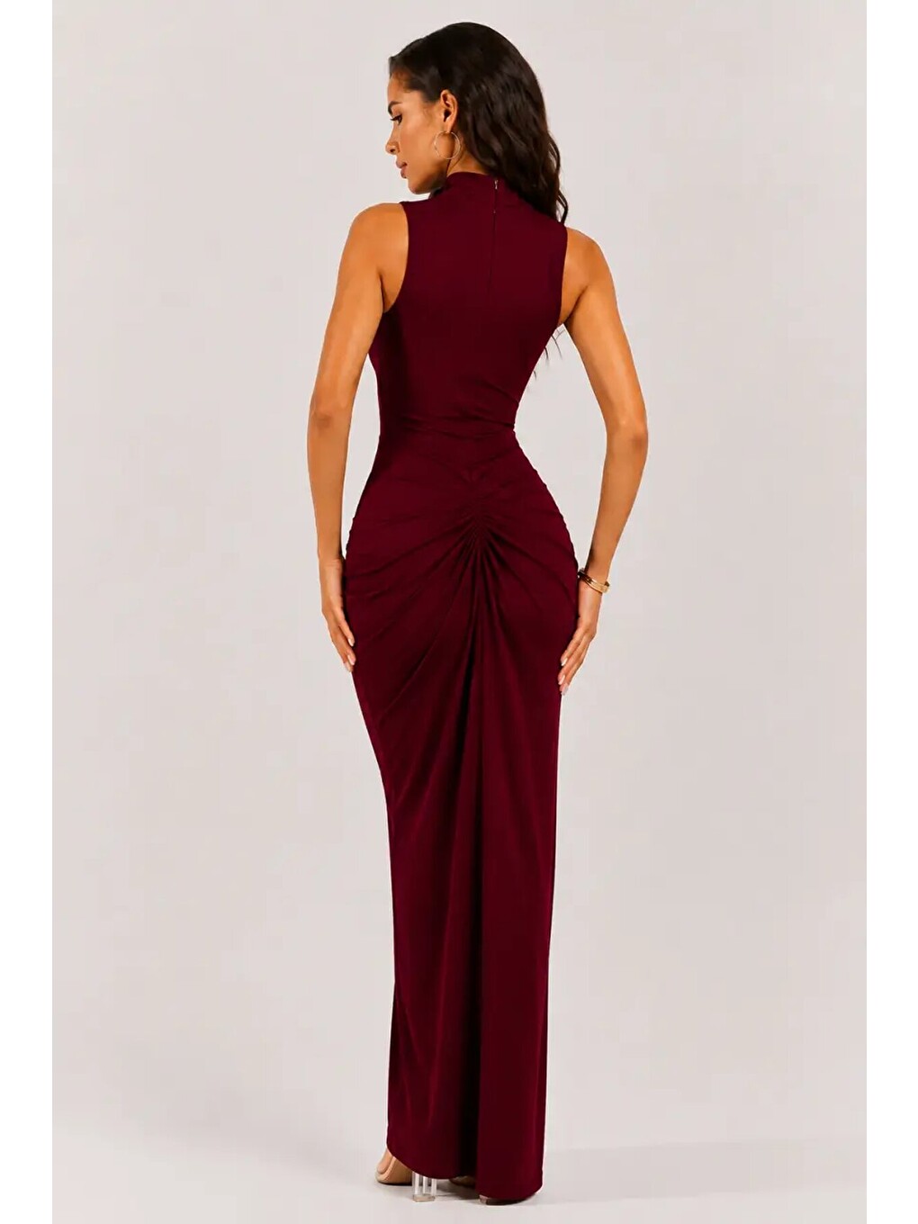 Bordo Premium Drapeli Maxi Abiye Elbise-2