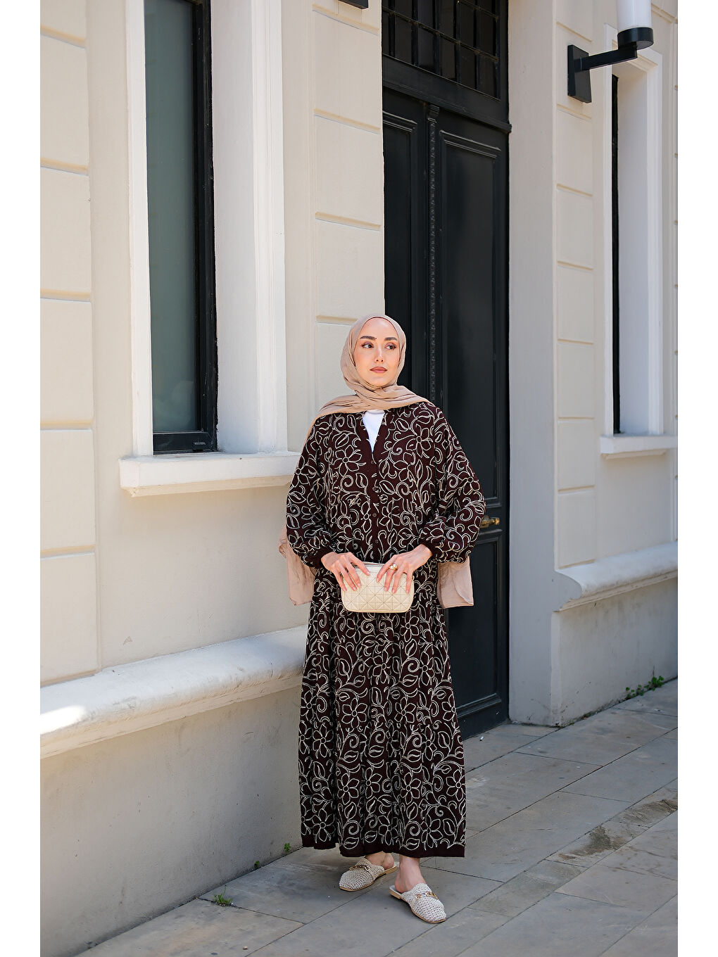 Kadın Gold Çicek Nakışlı Elbise Kahverengi-2