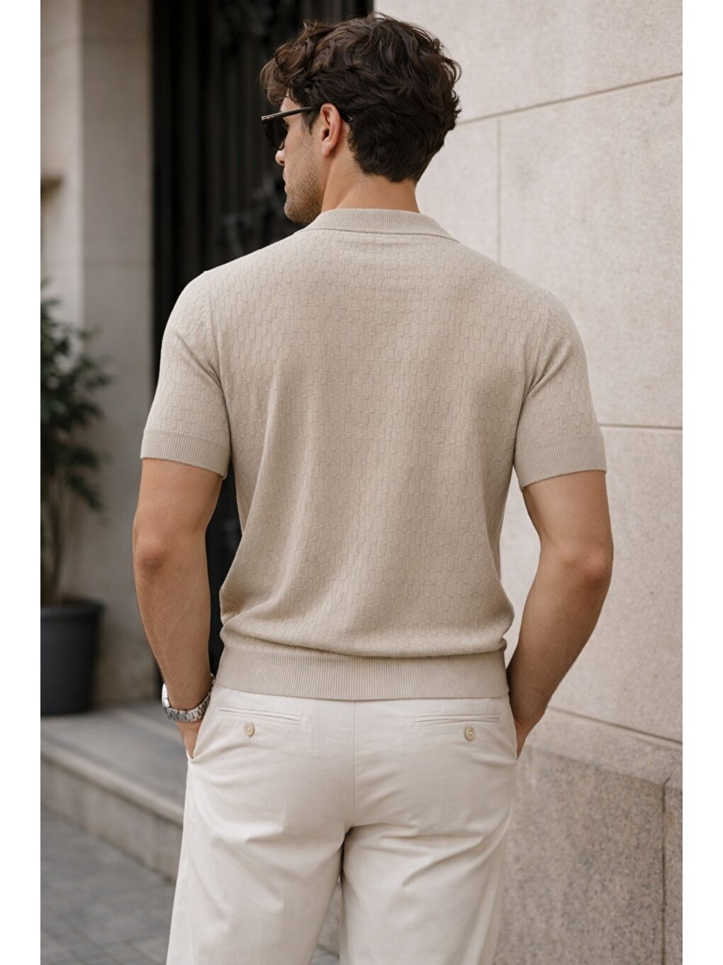 Bej Erkek Fermuarlı Polo Yaka Triko Tişört Slim Fit Dokulu Yazlık Casual-3