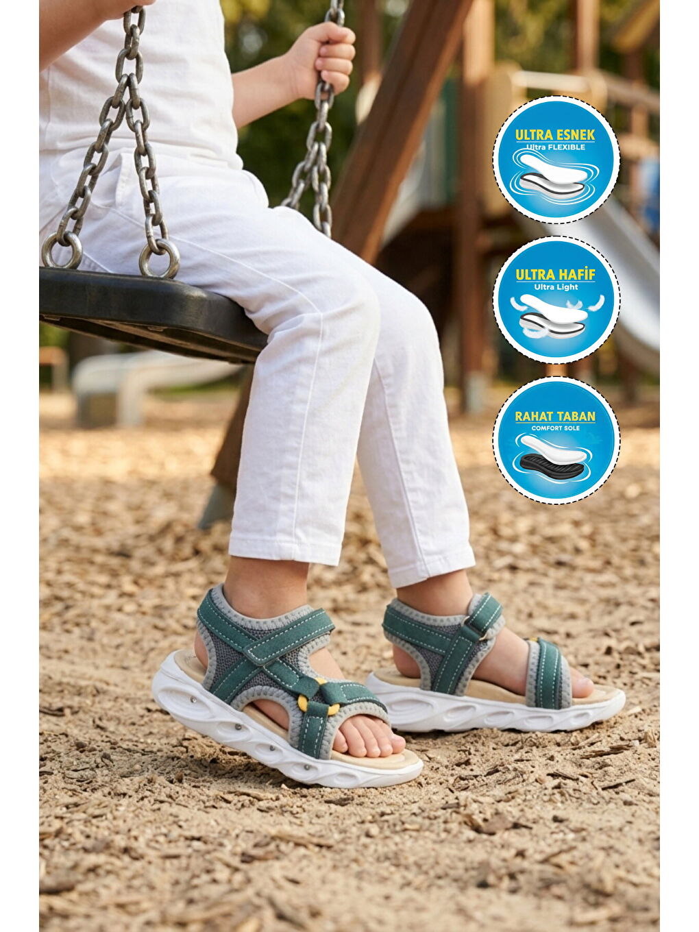 Petrol Mavisi Cırtlı Işıklı Hafif Unisex Çocuk Sandalet Sage F-2