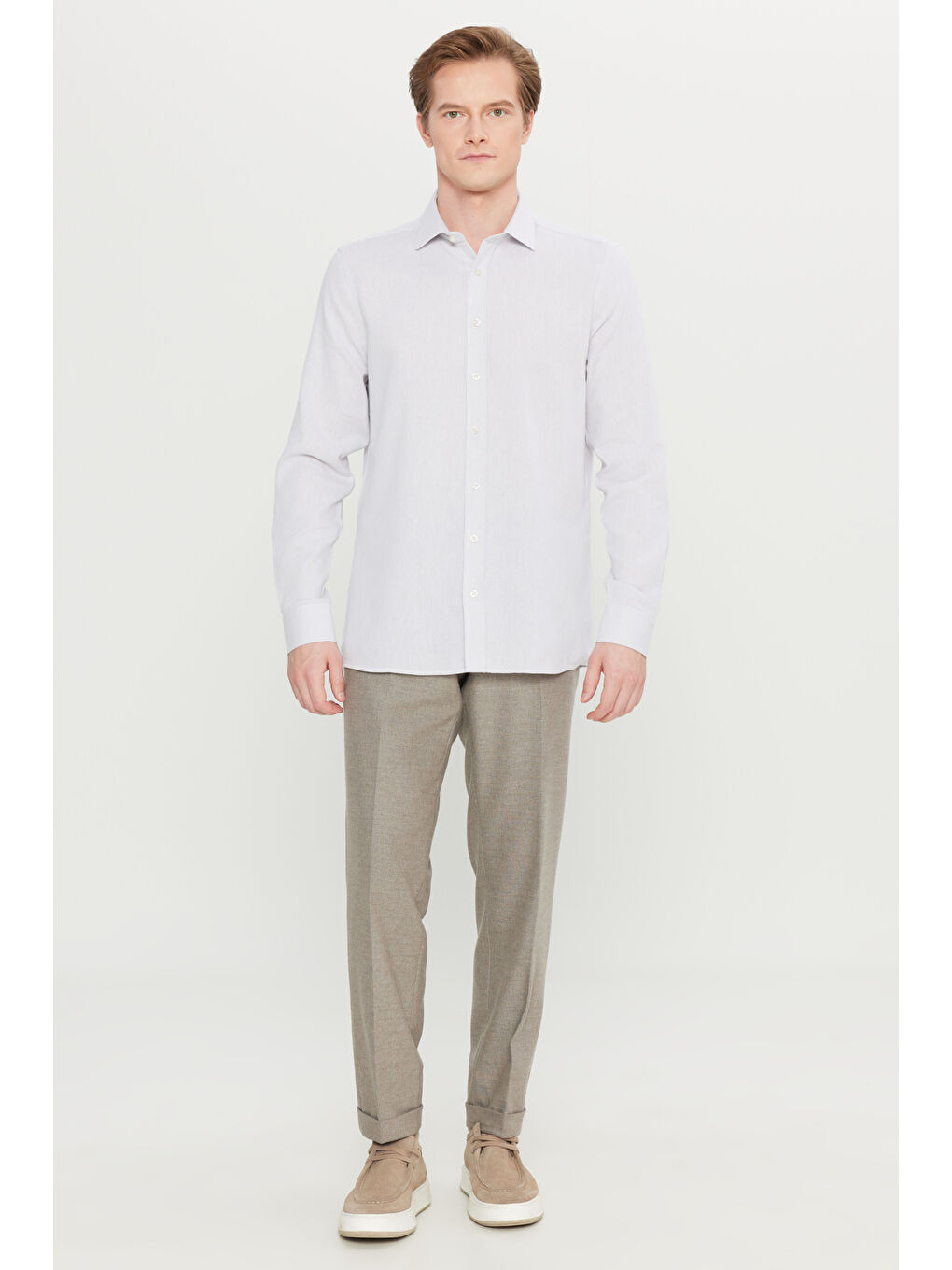 Erkek Gri %100 Pamuk Tailored Slim Fit Dar Kesim Klasik Yaka Armürlü Gömlek-1