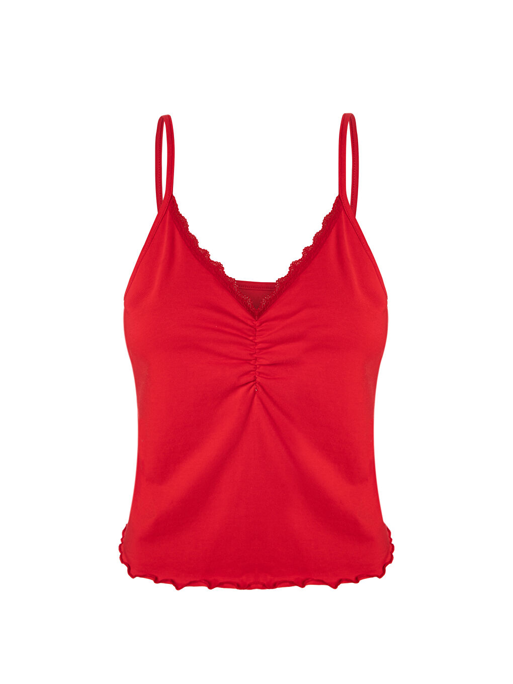 Kırmızı Sevgililer Günü Kadın Dantelli/Büzgülü Askılı Şortlu Pijama Takımı-2