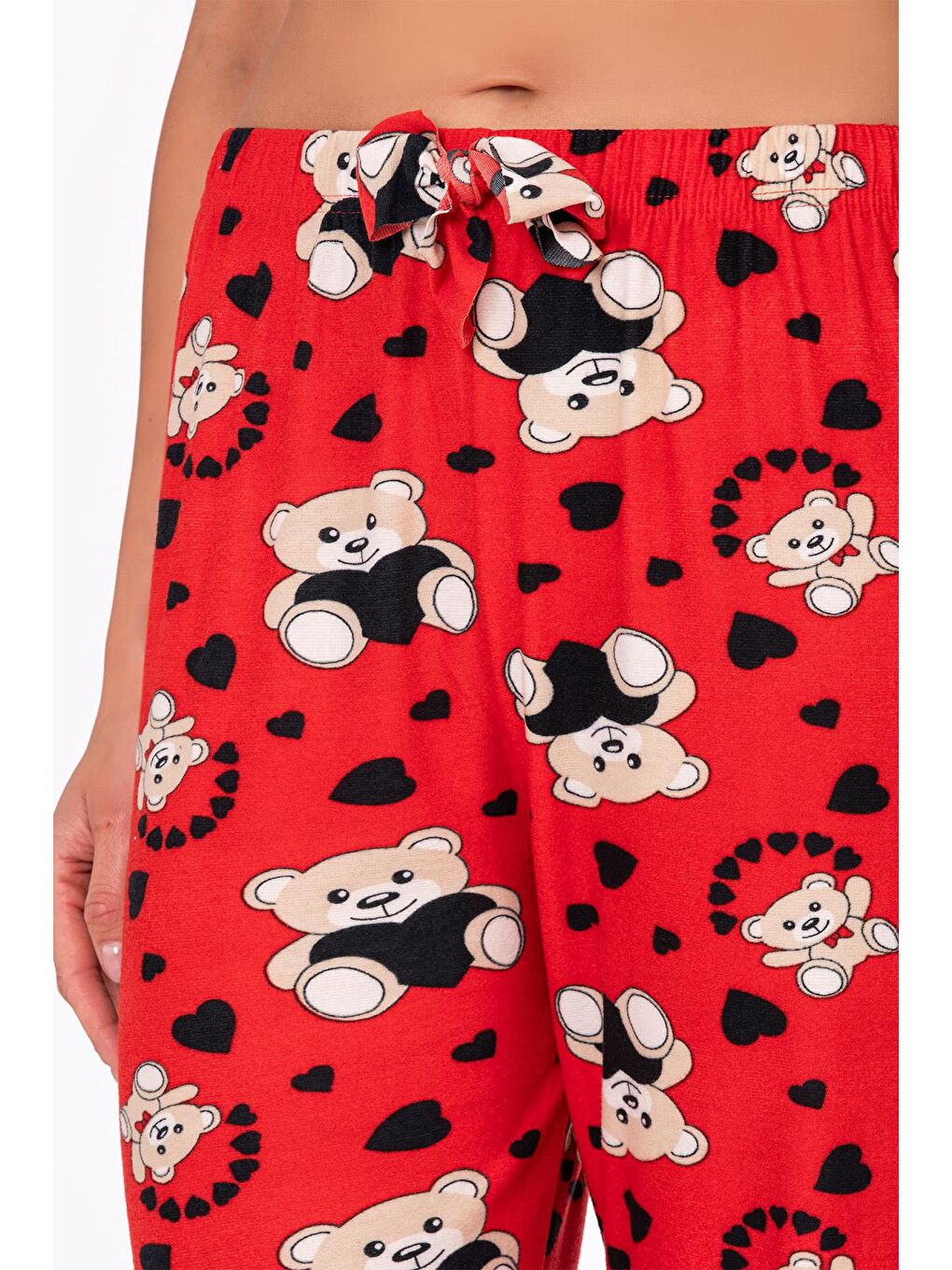 Kırmızı Kadın Süet Kalpli Ayıcık Desenli Pijama Tek Alt-1