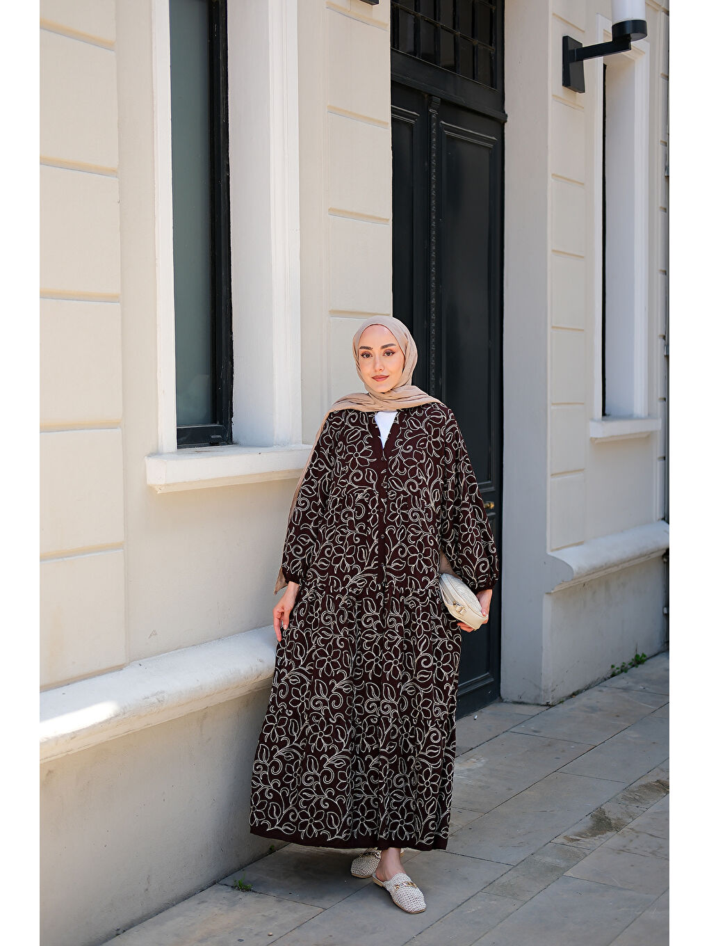 Kadın Gold Çicek Nakışlı Elbise Kahverengi-3