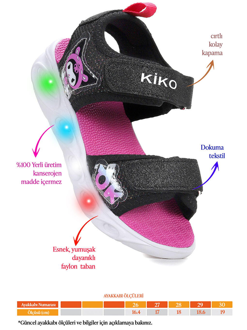 Siyah Kuruza Günlük Işıklı Cırtlı Kız Çocuk Sandalet Ayakkabı-1