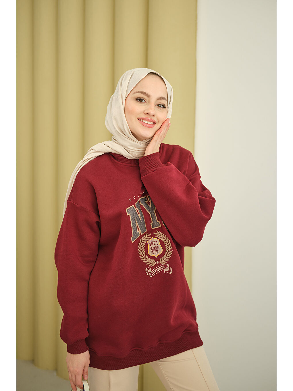 Kadın NYC Baskılı Sweat Bordo-1