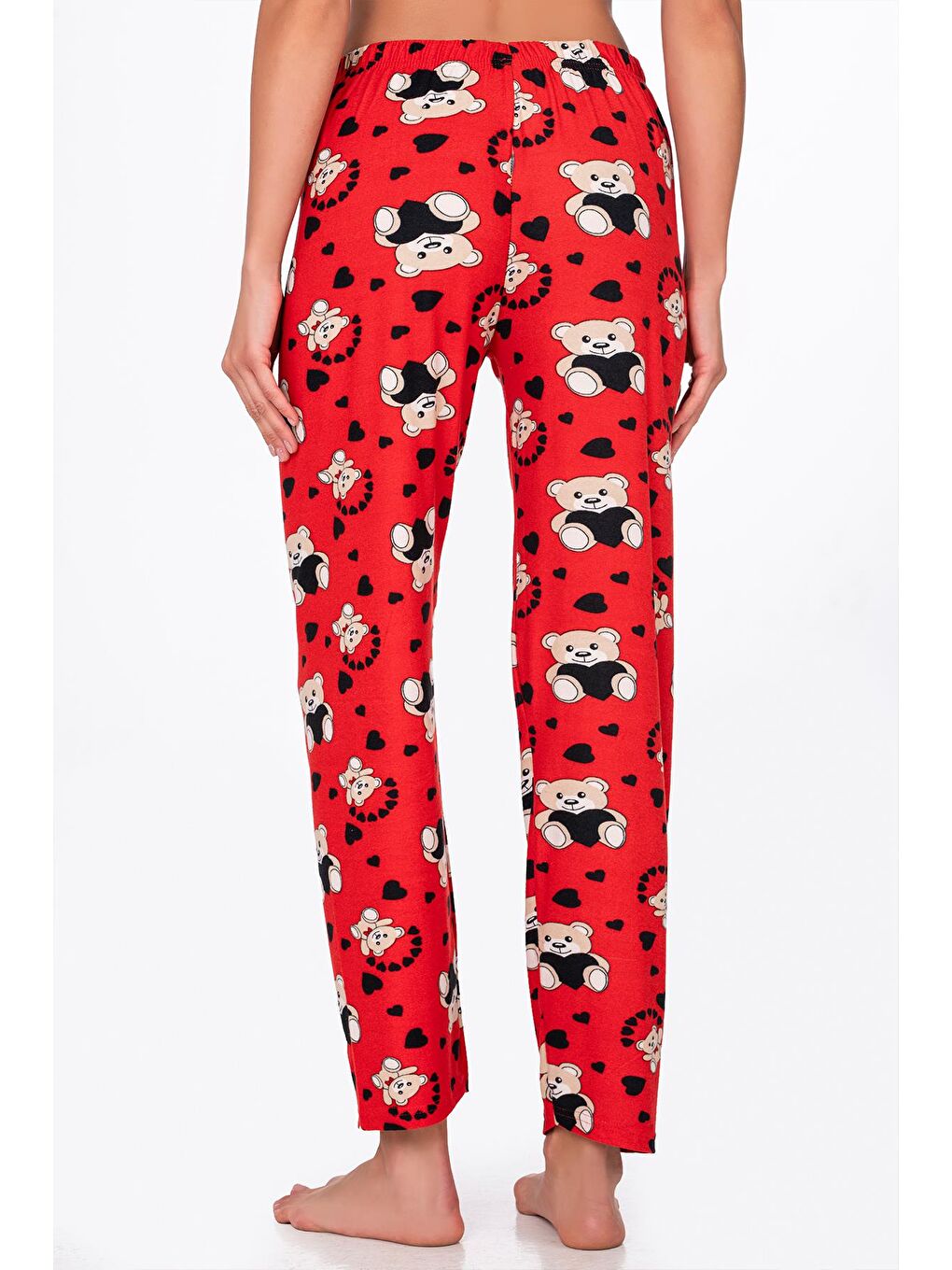 Kırmızı Kadın Süet Kalpli Ayıcık Desenli Pijama Tek Alt-2