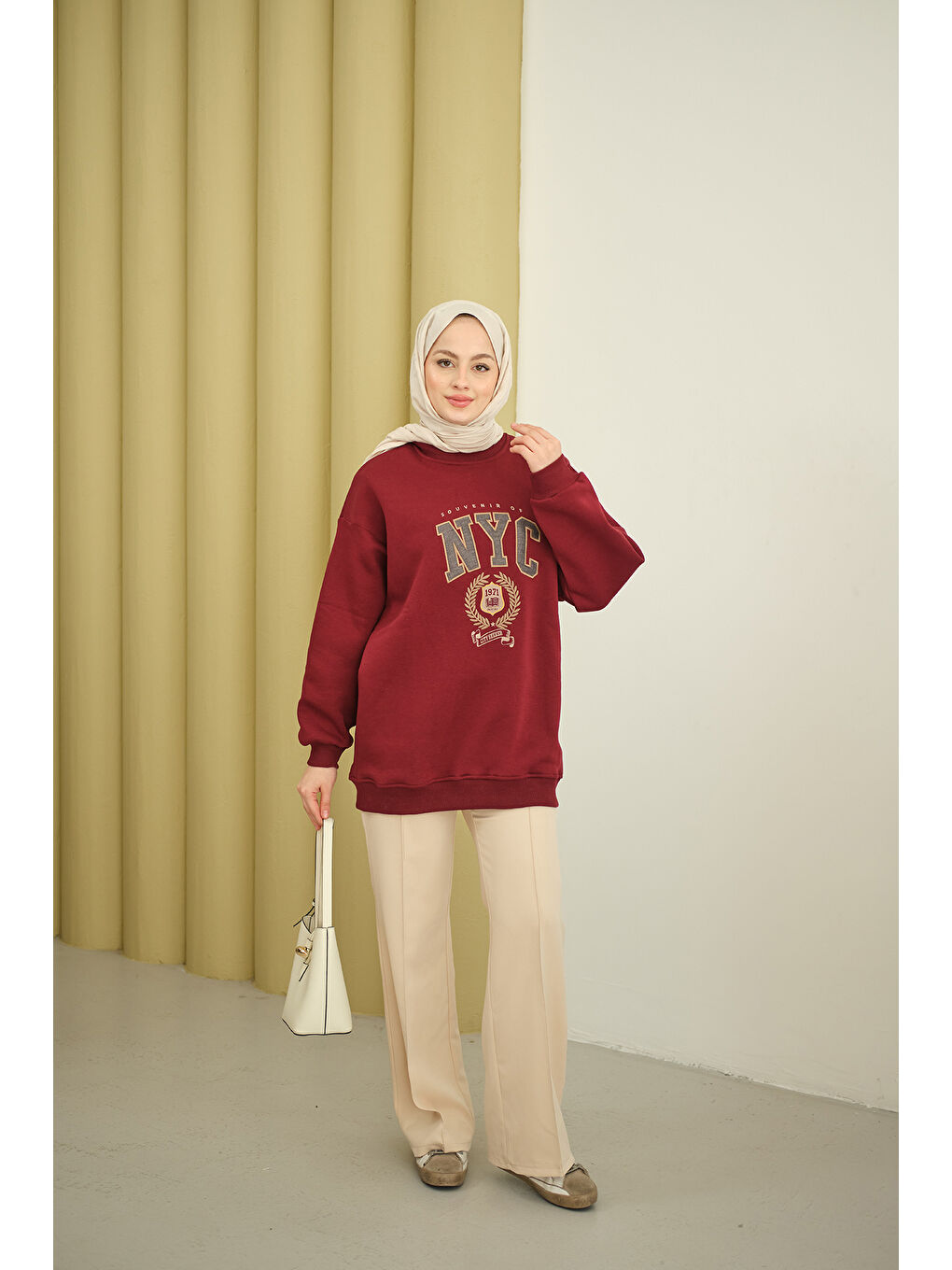 Kadın NYC Baskılı Sweat Bordo-2
