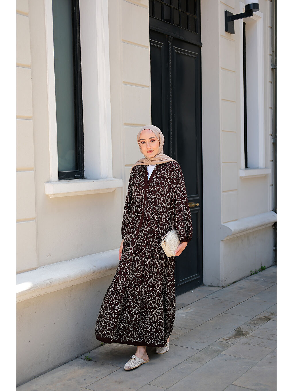 Kadın Gold Çicek Nakışlı Elbise Kahverengi-4