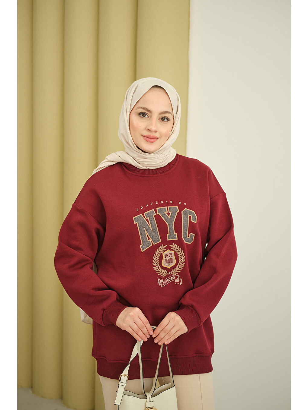Kadın NYC Baskılı Sweat Bordo-3