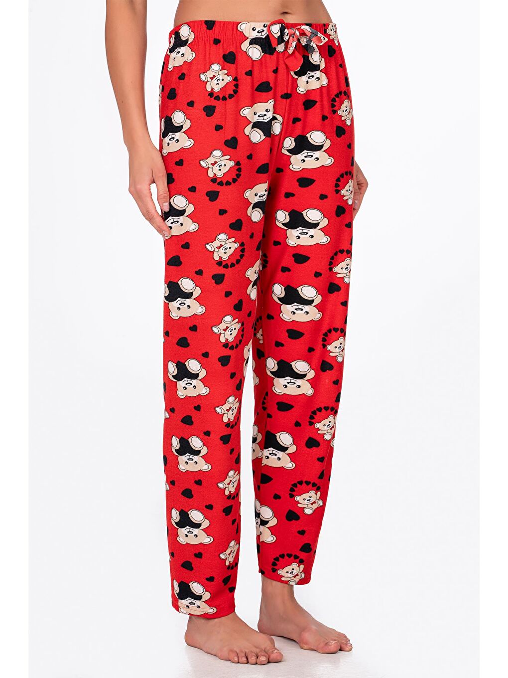 Kırmızı Kadın Süet Kalpli Ayıcık Desenli Pijama Tek Alt-3